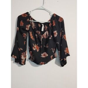 American Rag Women's Floral Black Orange Bell Sleeve Crop Blouse Size XS